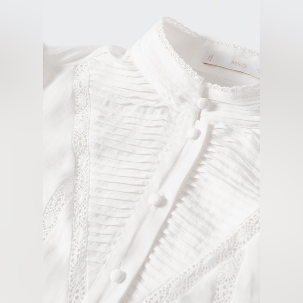 Mango, women’s boho style Blouse with lace detail, puffed sleeves, white, size 4